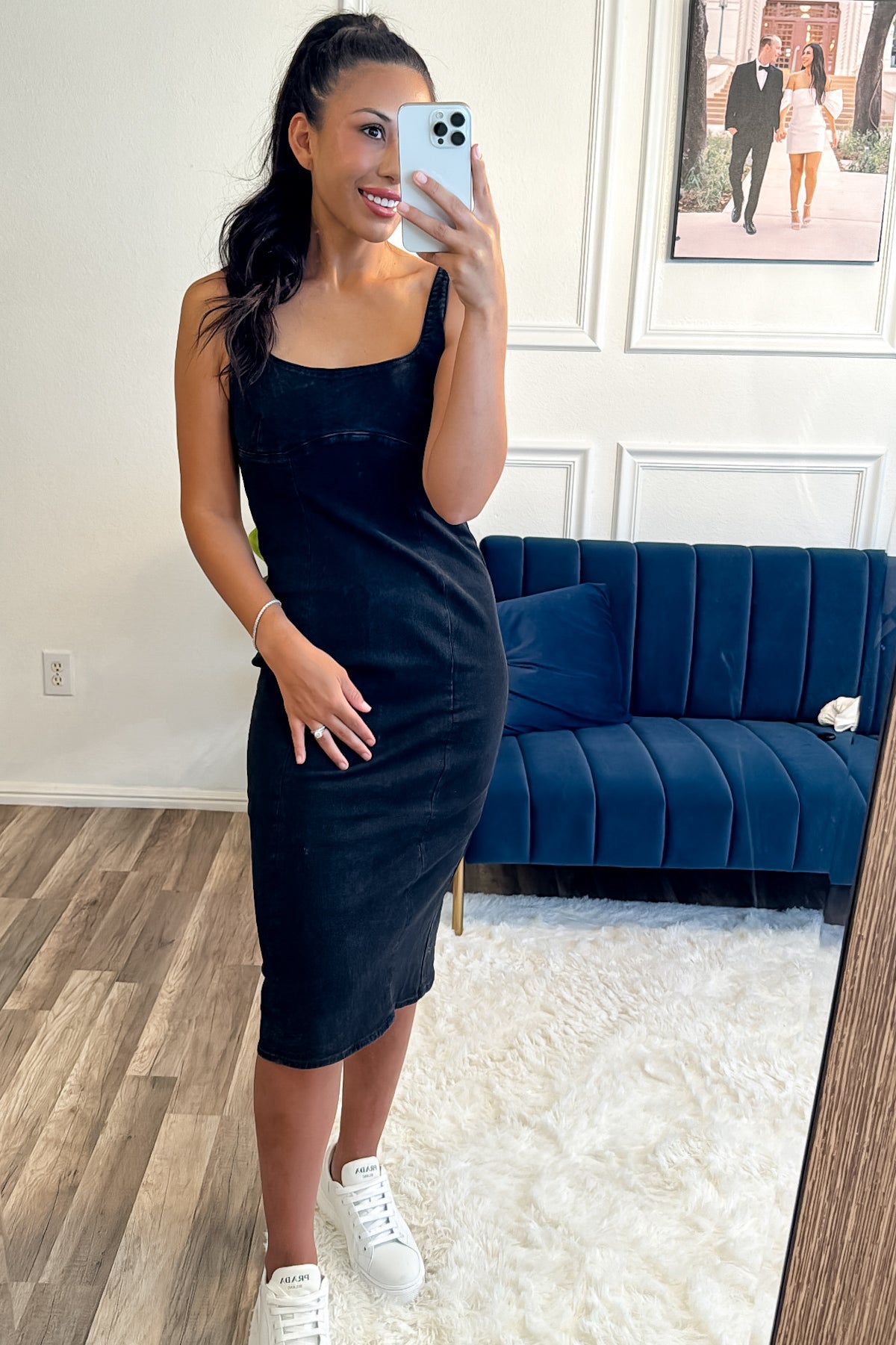Split Back Denim Dress with Spaghetti Strap Black / L Split Back Denim Dress with Spaghetti Strap Black / L