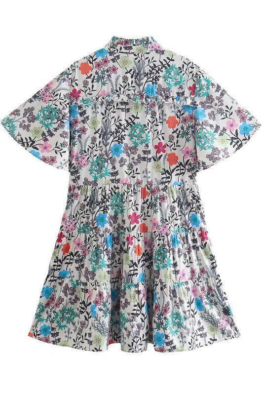 Flying Flower Print Short Sleeve Dress