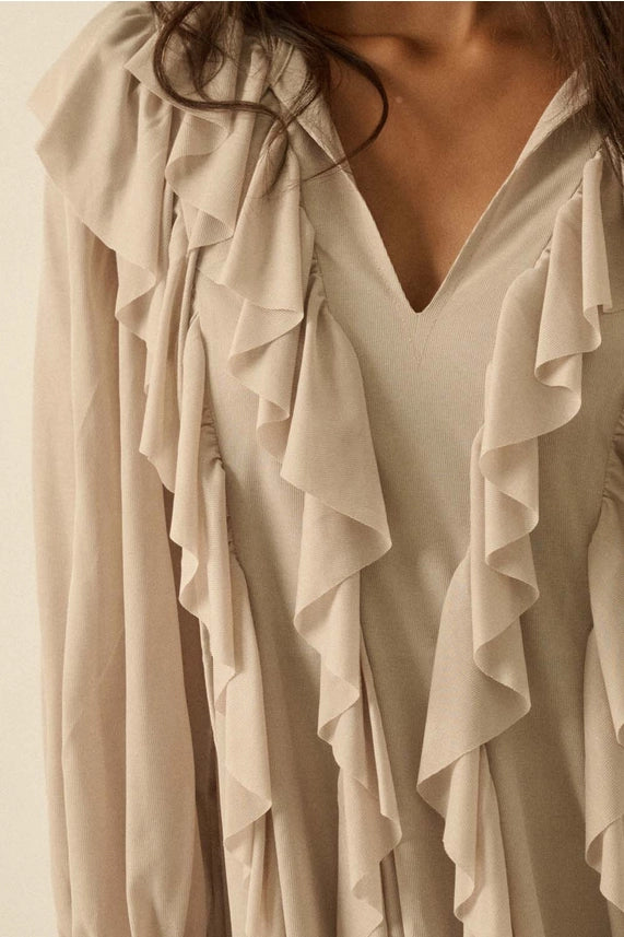 Cascade Ruffles Trumpet-Sleeve Knit Romper