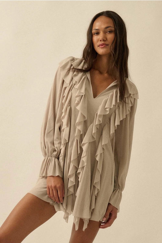 Cascade Ruffles Trumpet-Sleeve Knit Romper