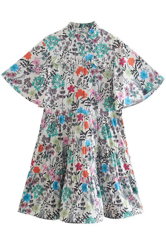 Flying Flower Print Short Sleeve Dress